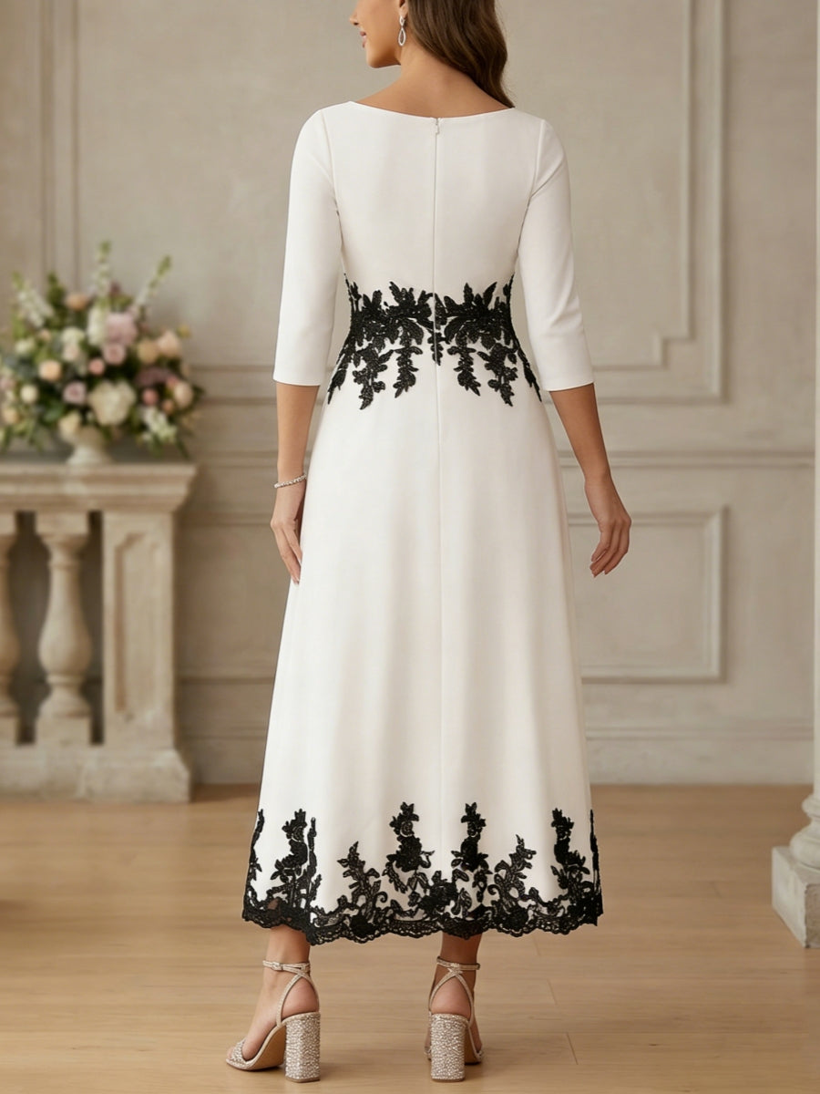 A-Line/Princess V-Neck Stretch Satin Dresses Lace Floral 3/4 Sleeves Tea-Length