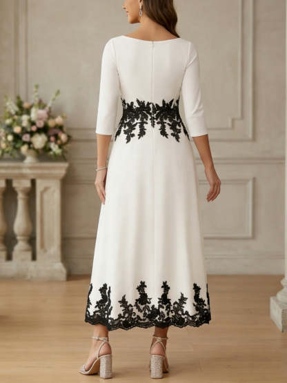 A-Line/Princess V-Neck Stretch Satin Dresses Lace Floral 3/4 Sleeves Tea-Length