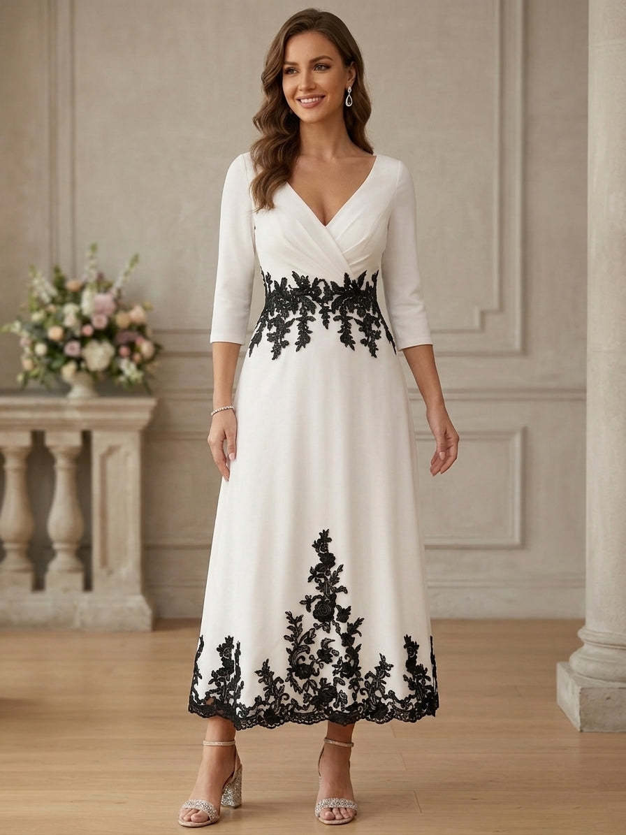 A-Line/Princess V-Neck Stretch Satin Dresses Lace Floral 3/4 Sleeves Tea-Length