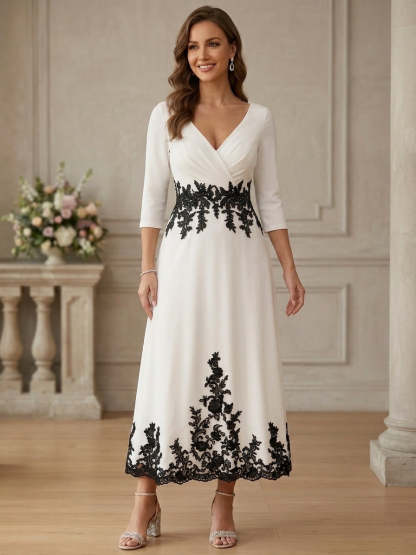 A-Line/Princess V-Neck Stretch Satin Dresses Lace Floral 3/4 Sleeves Tea-Length