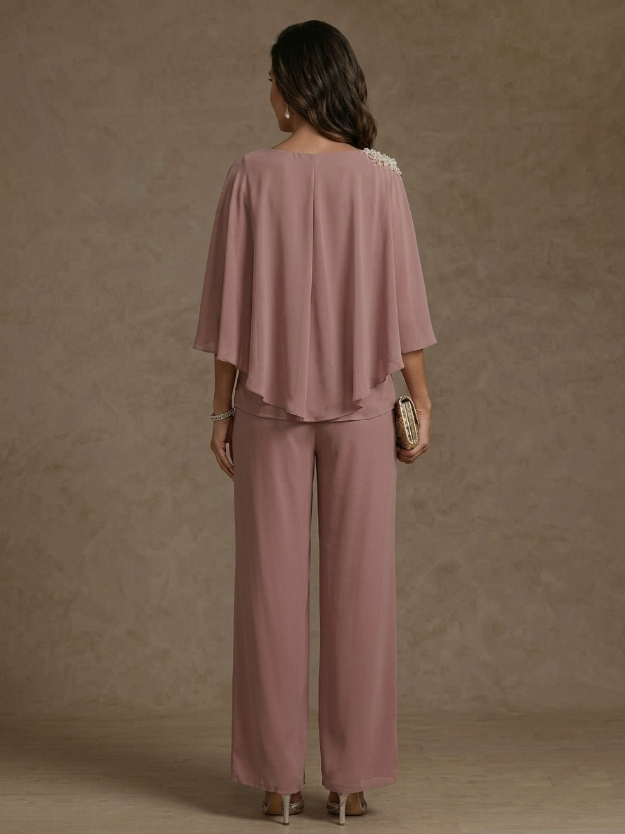 2 Piece Boat Neck Chiffon Mother of the Bride Pantsuits Cape Sleeves Ankle-Length Rhinestone