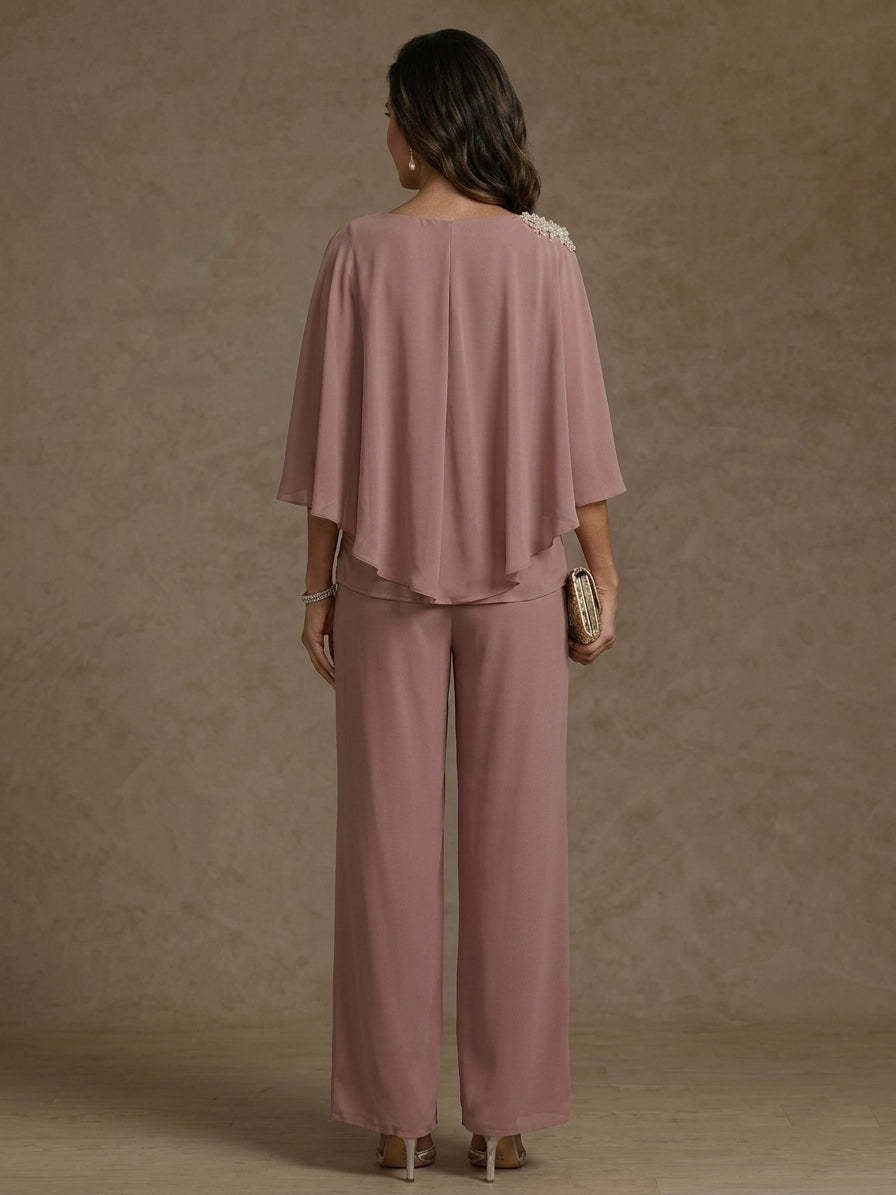 2 Piece Boat Neck Chiffon Mother of the Bride Pantsuits Cape Sleeves Ankle-Length Rhinestone