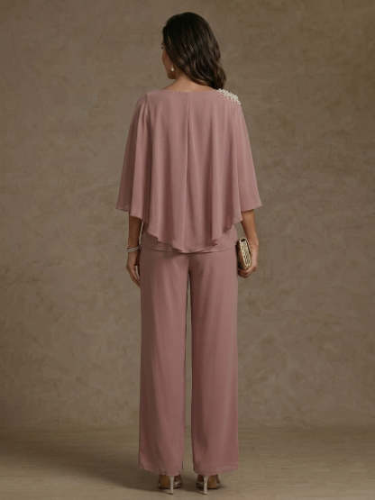 2 Piece Boat Neck Chiffon Mother of the Bride Pantsuits Cape Sleeves Ankle-Length Rhinestone