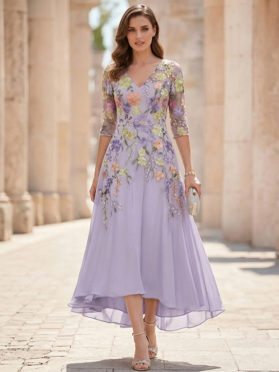 A-Line/Princess V-Neck Chiffon Dresses Half Sleeves Lace Floral Asymmetrical Tea-Length