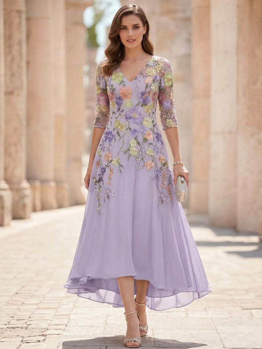 A-Line/Princess V-Neck Chiffon Dresses Half Sleeves Lace Floral Asymmetrical Tea-Length