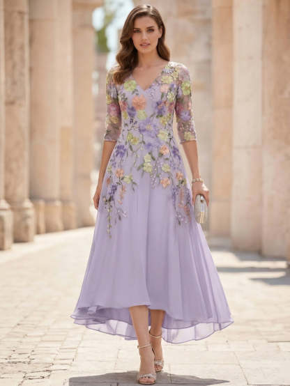 A-Line/Princess V-Neck Chiffon Dresses Half Sleeves Lace Floral Asymmetrical Tea-Length
