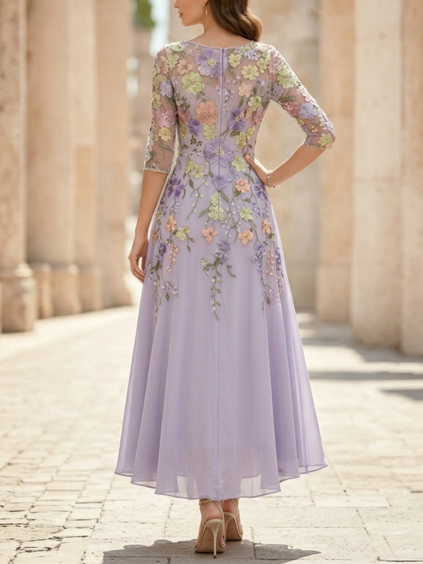 A-Line/Princess V-Neck Chiffon Dresses Half Sleeves Lace Floral Asymmetrical Tea-Length