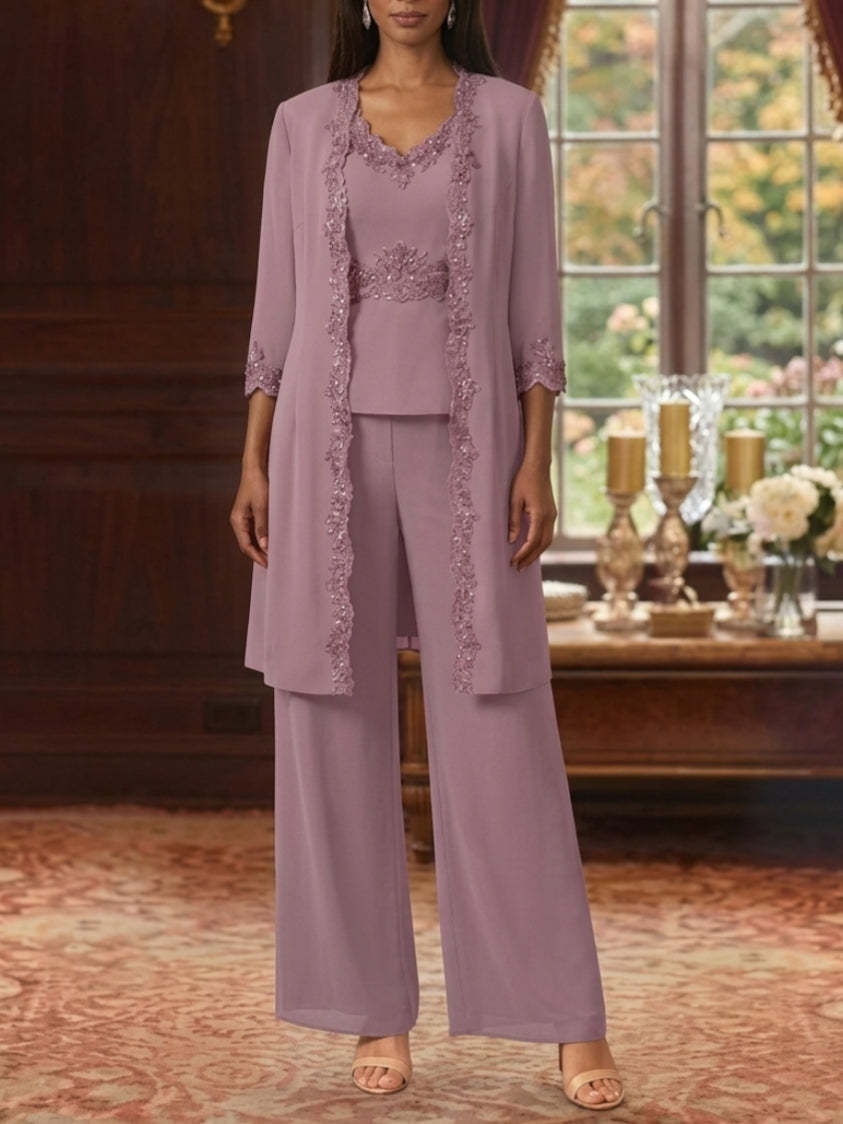 3 Pieces Suit V-Neck Chiffon Pantsuits with Jacket 3/4 Sleeves Ankle-Length Sequins Lace