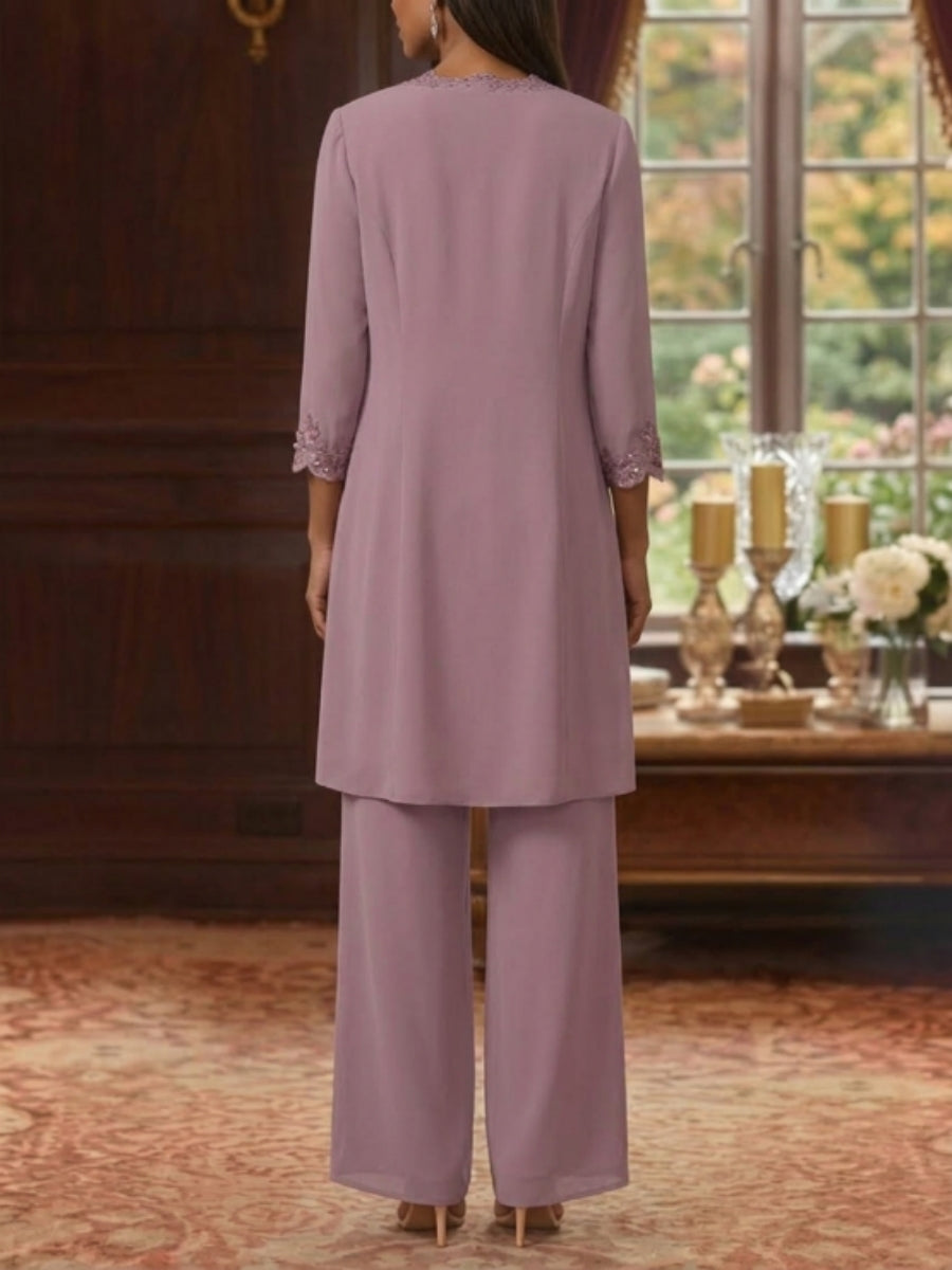 3 Pieces Suit V-Neck Chiffon Pantsuits with Jacket 3/4 Sleeves Ankle-Length Sequins Lace