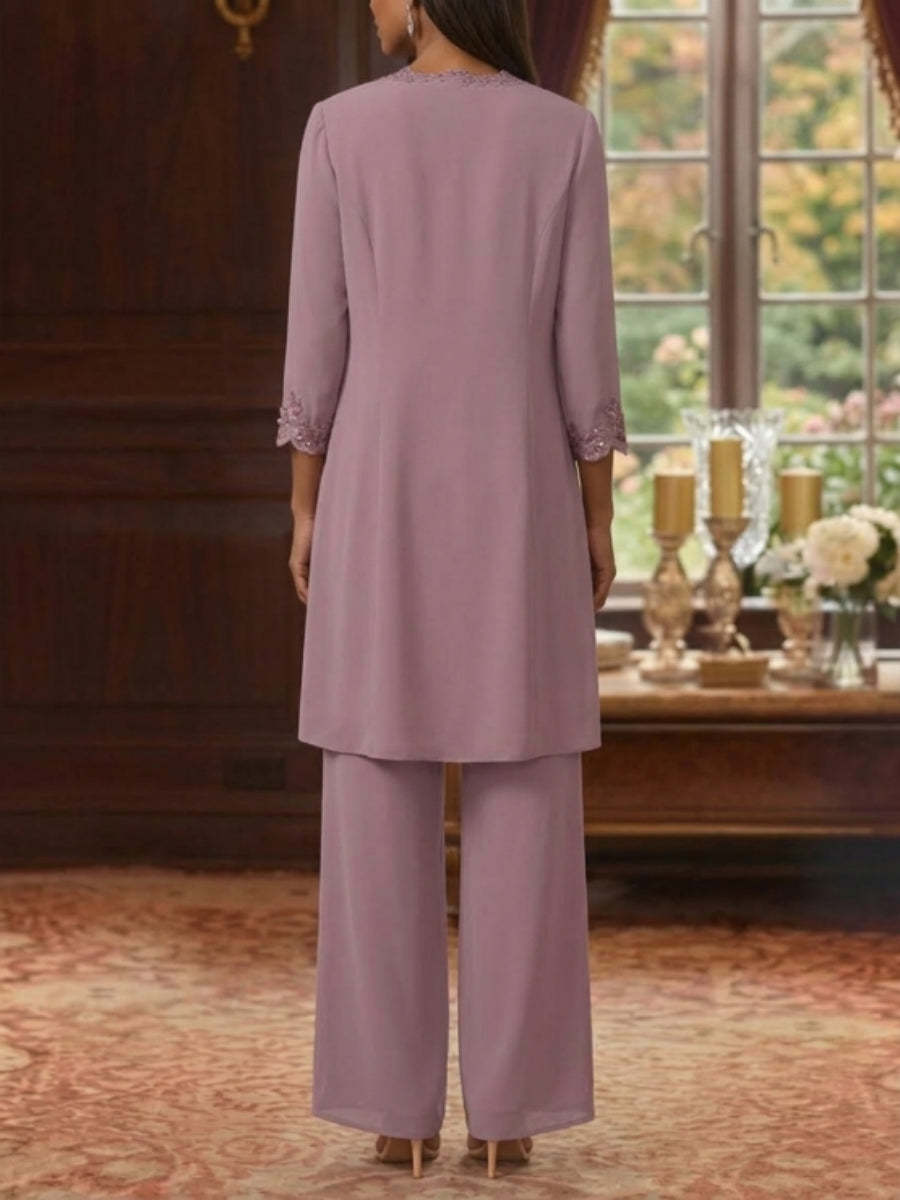 3 Pieces Suit V-Neck Chiffon Pantsuits with Jacket 3/4 Sleeves Ankle-Length Sequins Lace
