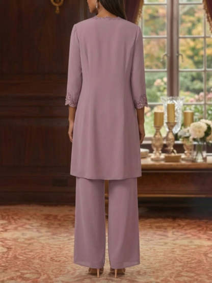 3 Pieces Suit V-Neck Chiffon Pantsuits with Jacket 3/4 Sleeves Ankle-Length Sequins Lace