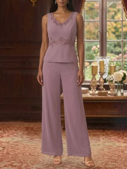 3 Pieces Suit V-Neck Chiffon Pantsuits with Jacket 3/4 Sleeves Ankle-Length Sequins Lace