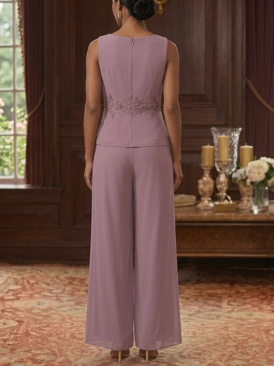 3 Pieces Suit V-Neck Chiffon Pantsuits with Jacket 3/4 Sleeves Ankle-Length Sequins Lace