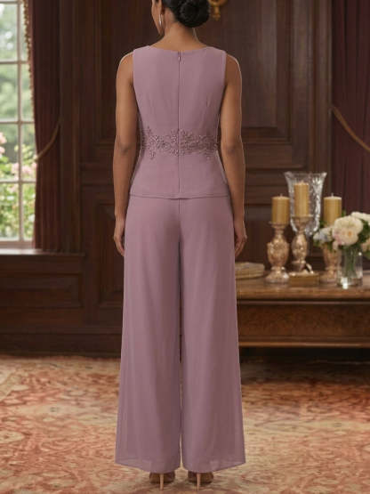 3 Pieces Suit V-Neck Chiffon Pantsuits with Jacket 3/4 Sleeves Ankle-Length Sequins Lace
