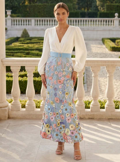 Trumpet/Mermaid V-Neck Taffeta Dresses Long Sleeves Ankle-Length Floral Belt