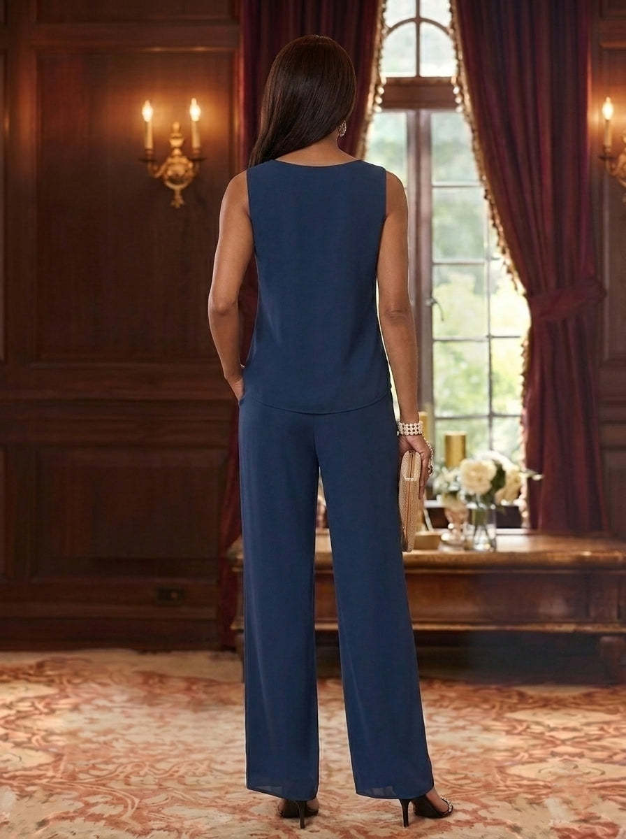 3 Pieces Suit Scoop Chiffon Mother of the Bride Pantsuits with Jacket Floral 3/4 Sleeves Ankle-Length