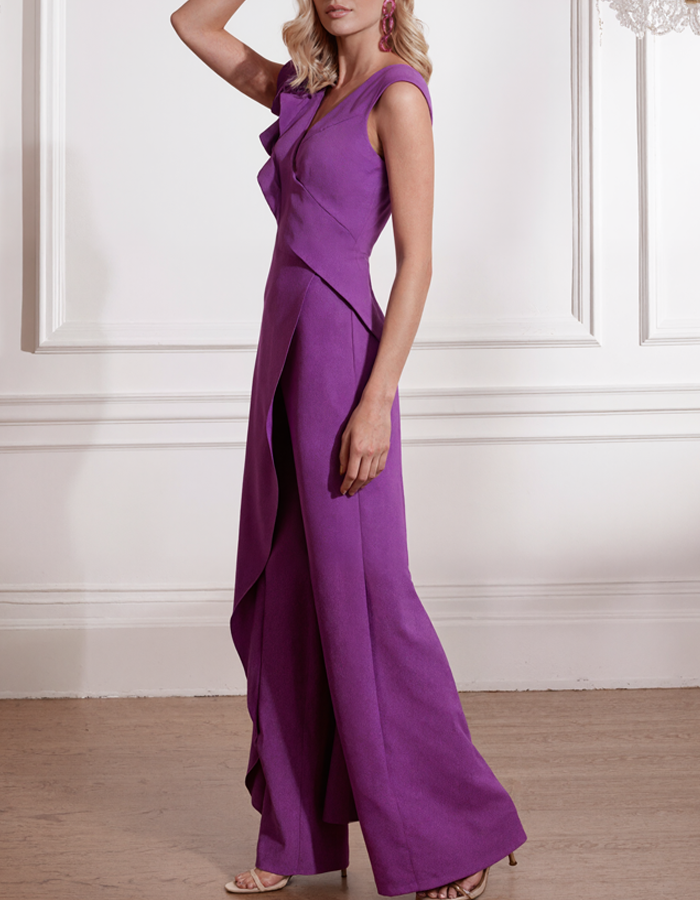 Purple V-Neck Ruffled Jumpsuit
