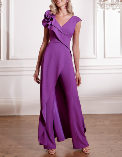 Purple V-Neck Ruffled Jumpsuit