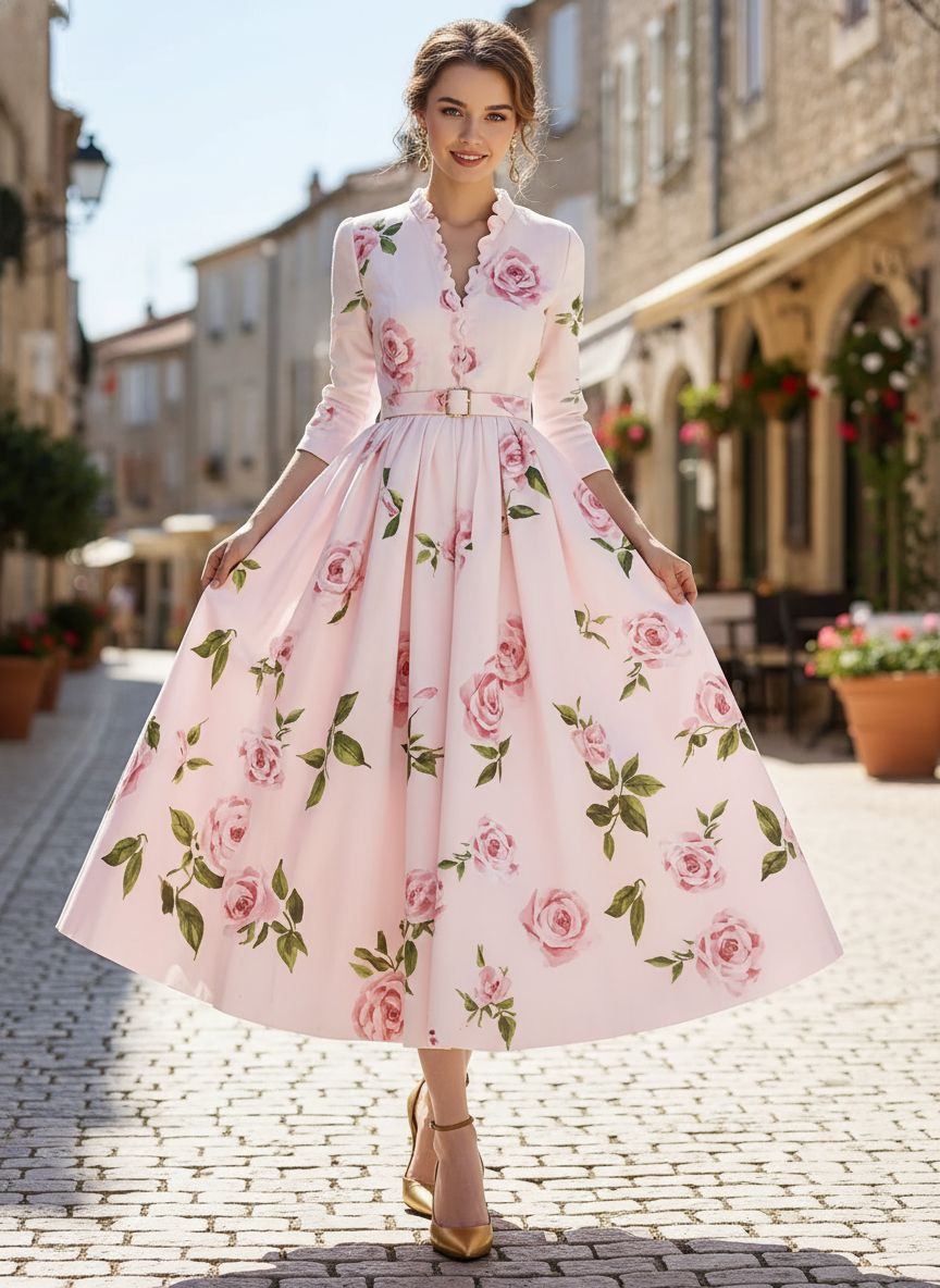 Elegant V-neck Printed Dress