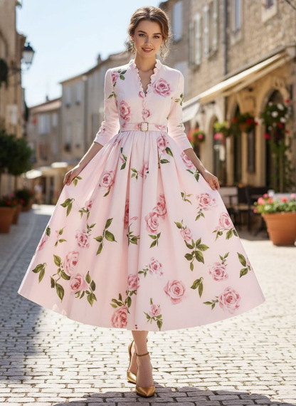 Elegant V-neck Printed Dress