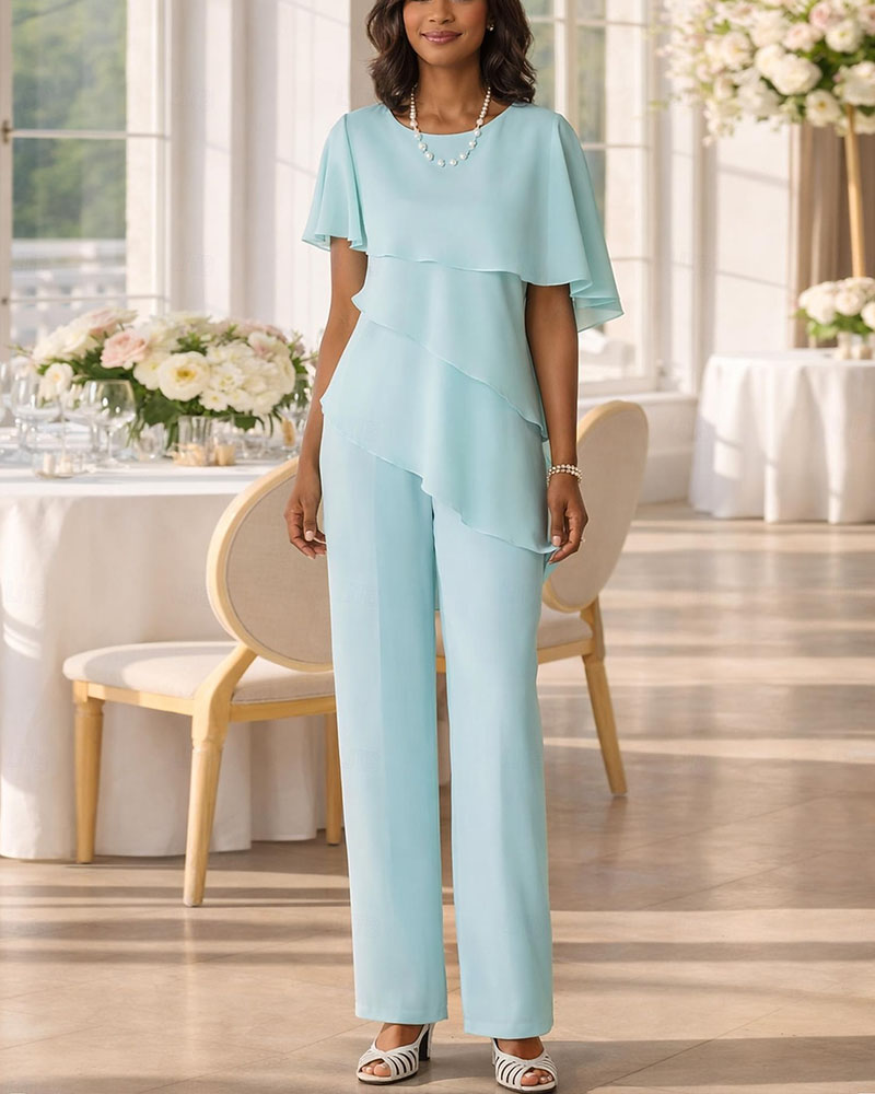 Elegant Solid Color Layered Flowy Top And Pants Two-Piece Set