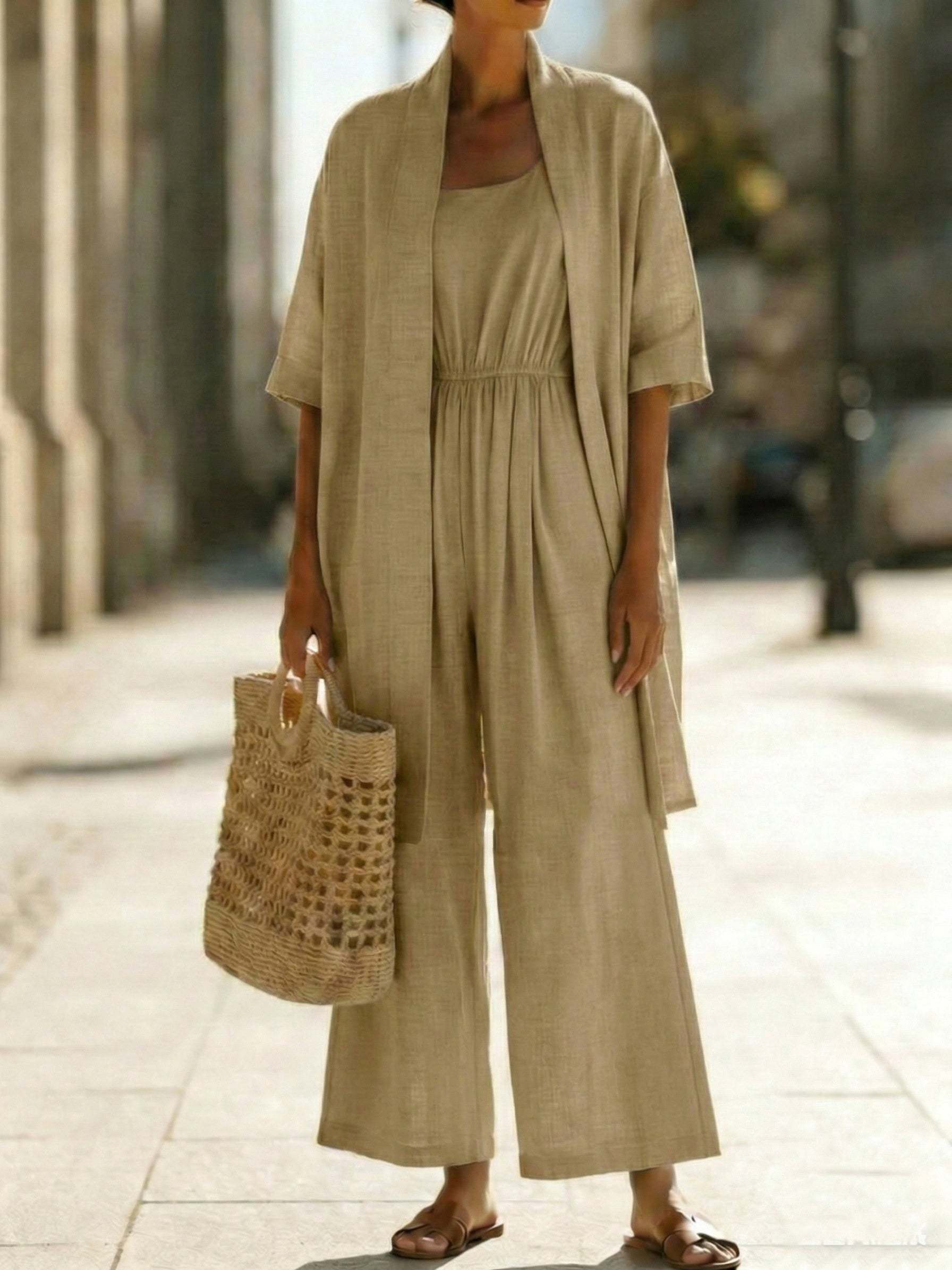Minimalist Cozy Jumpsuit And Cardigan Linen Cotton Two-piece Set