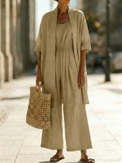 Minimalist Cozy Jumpsuit And Cardigan Linen Cotton Two-piece Set