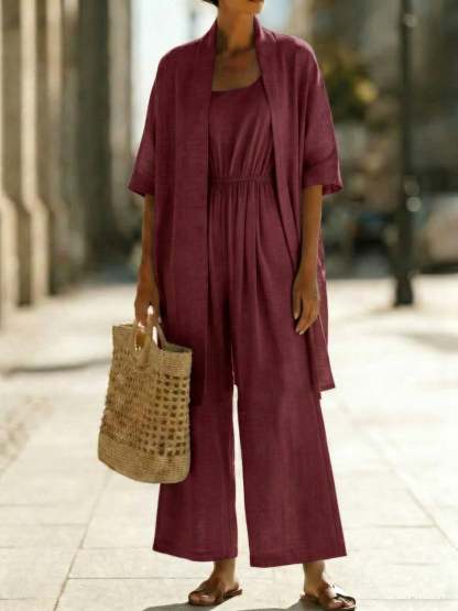 Minimalist Cozy Jumpsuit And Cardigan Linen Cotton Two-piece Set