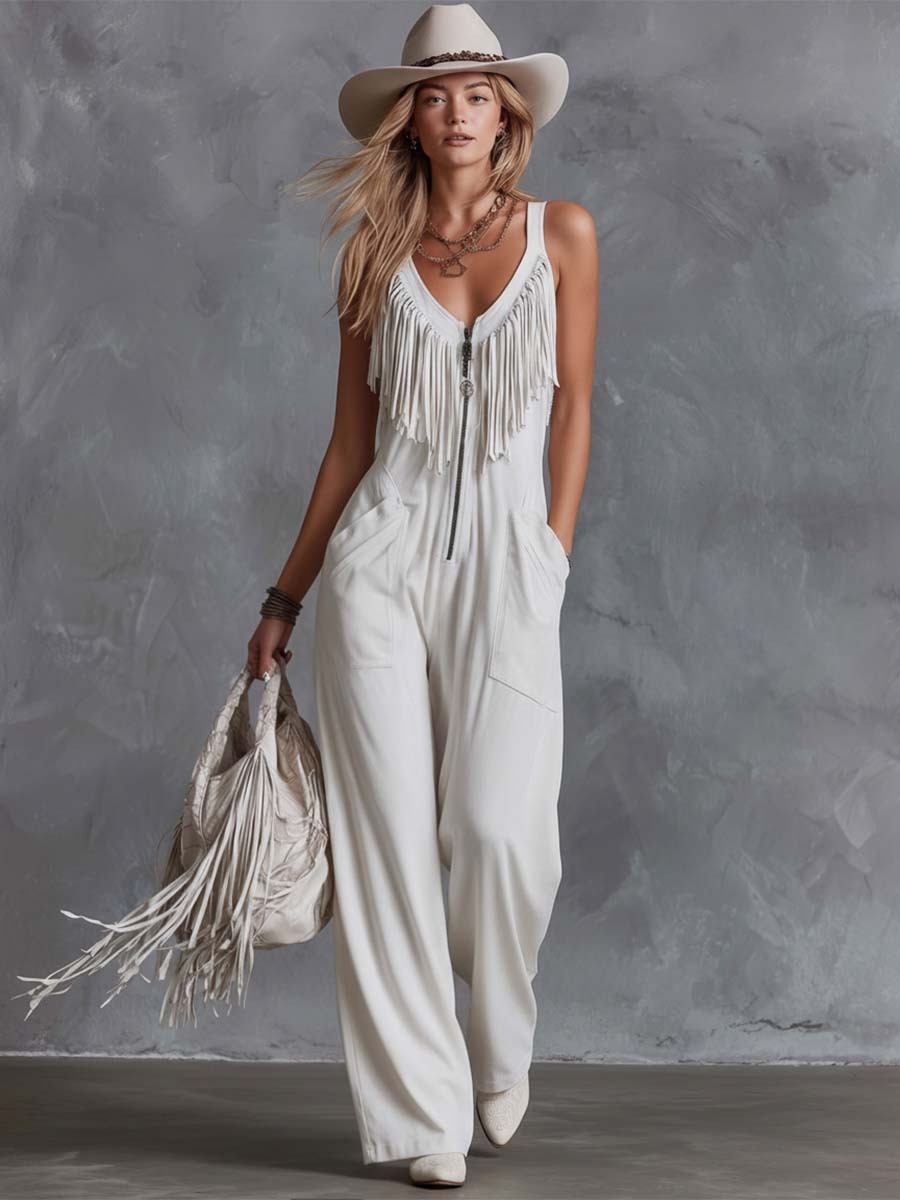 Casual Retro Western V-Neck And Fringe White Faux Suede Jumpsuit