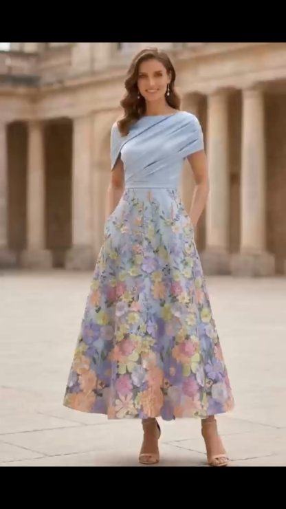 A-Line/Princess Boat Neck Satin Dresses Floral Tea-Length Short Sleeves Ruched