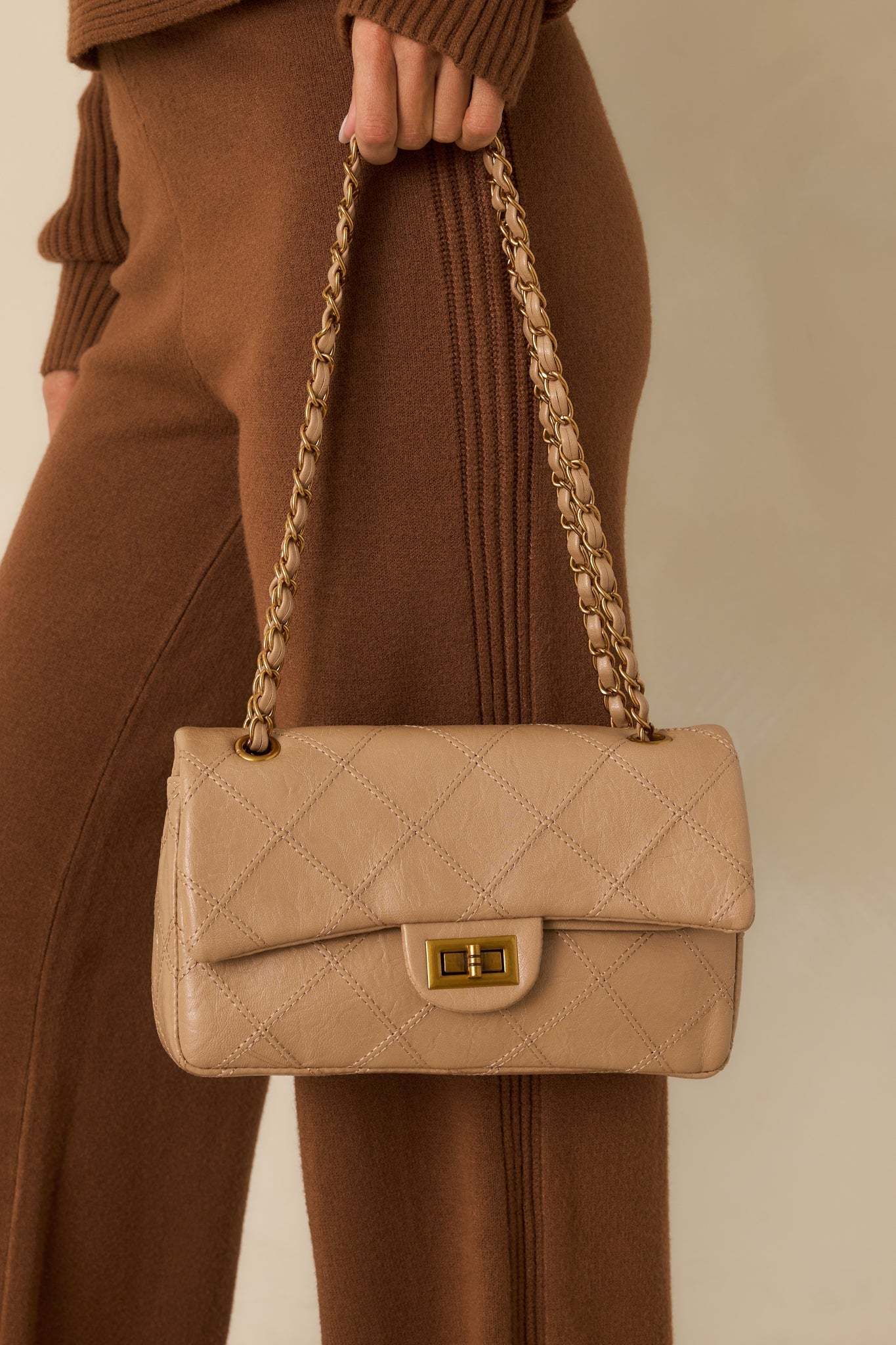 Hold the Line Beige Quilted Faux Leather Chain Strap Handbag - MismiDaily - Accessories