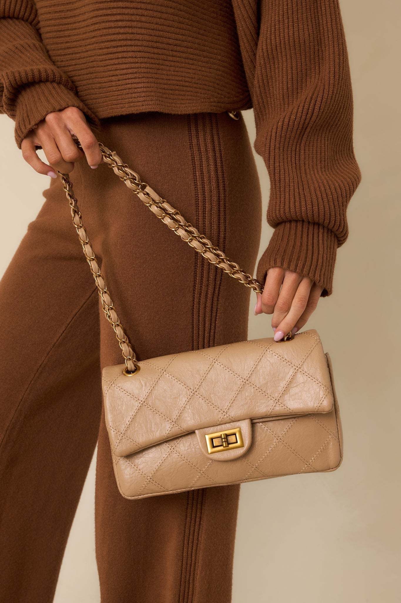 Hold the Line Beige Quilted Faux Leather Chain Strap Handbag - MismiDaily - Accessories