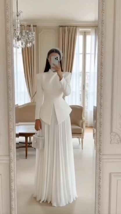 Elegant White Two Piece Set, High Neck Blazer Top & Pleated Maxi Skirt Formal Outfit