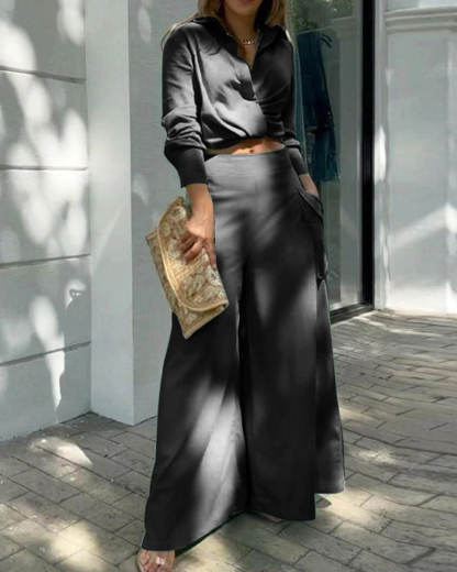 Lapel Casual Solid Color Two-Piece Set