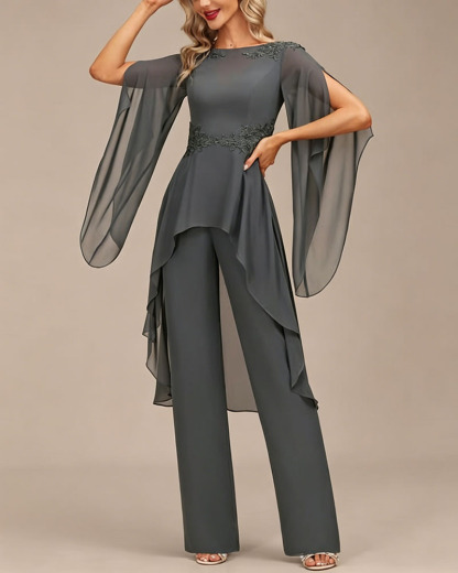 Grey Lace Embellished Chiffon Overlay Mother of the Bride Pant Suit
