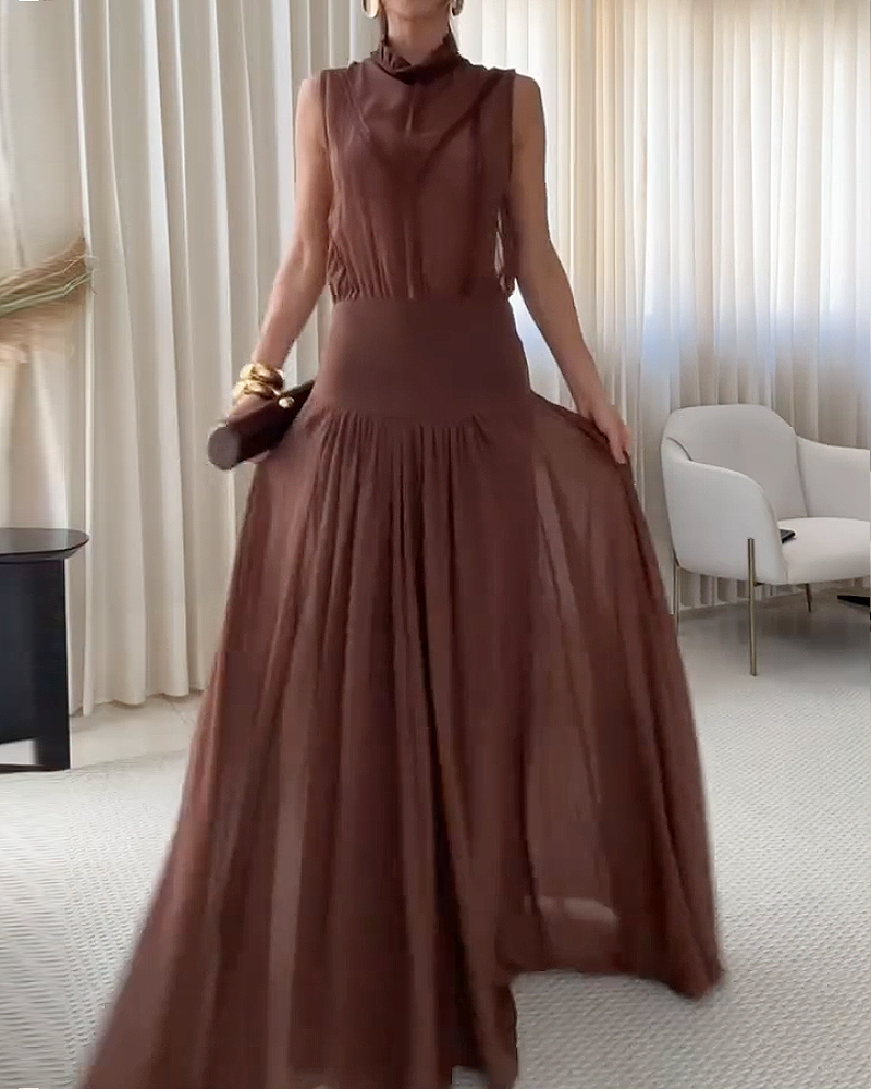 Elegant sleeveless solid color waist-cinching dress