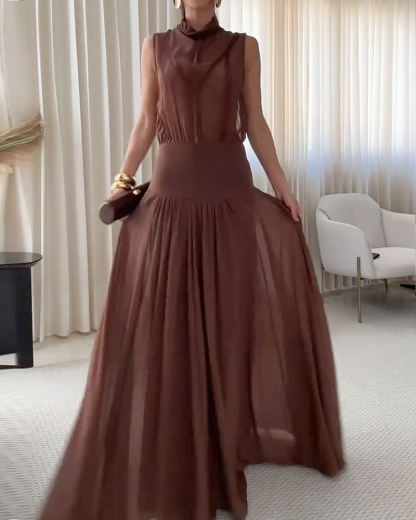 Elegant sleeveless solid color waist-cinching dress