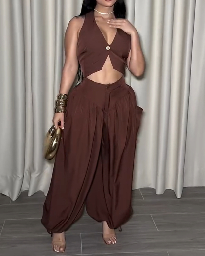 Sleeveless solid color casual two-piece set