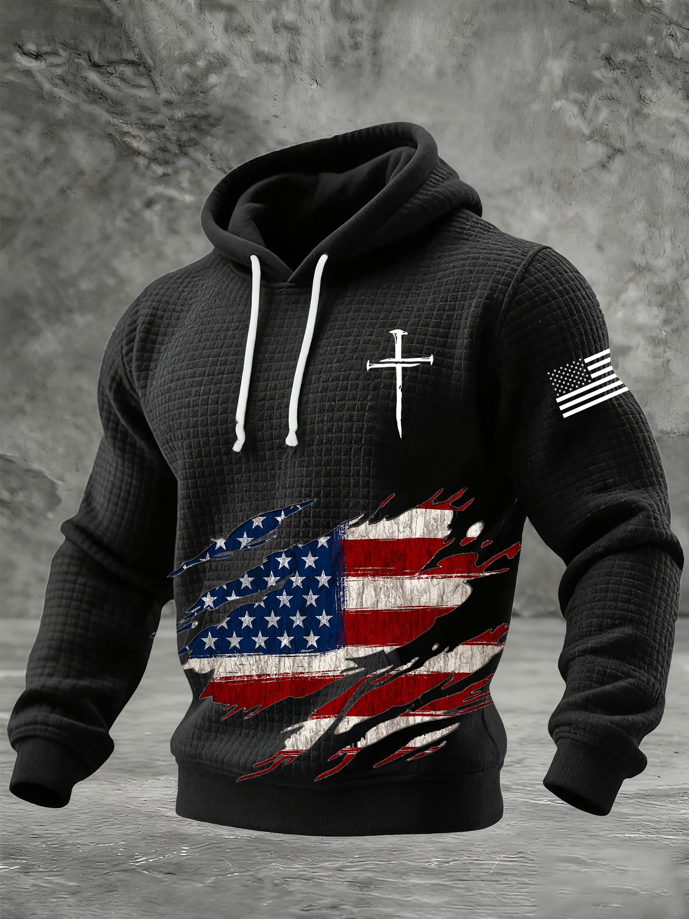 Men's Faith & Freedom Distressed Flag Waffle Knit Hoodie-pufftee