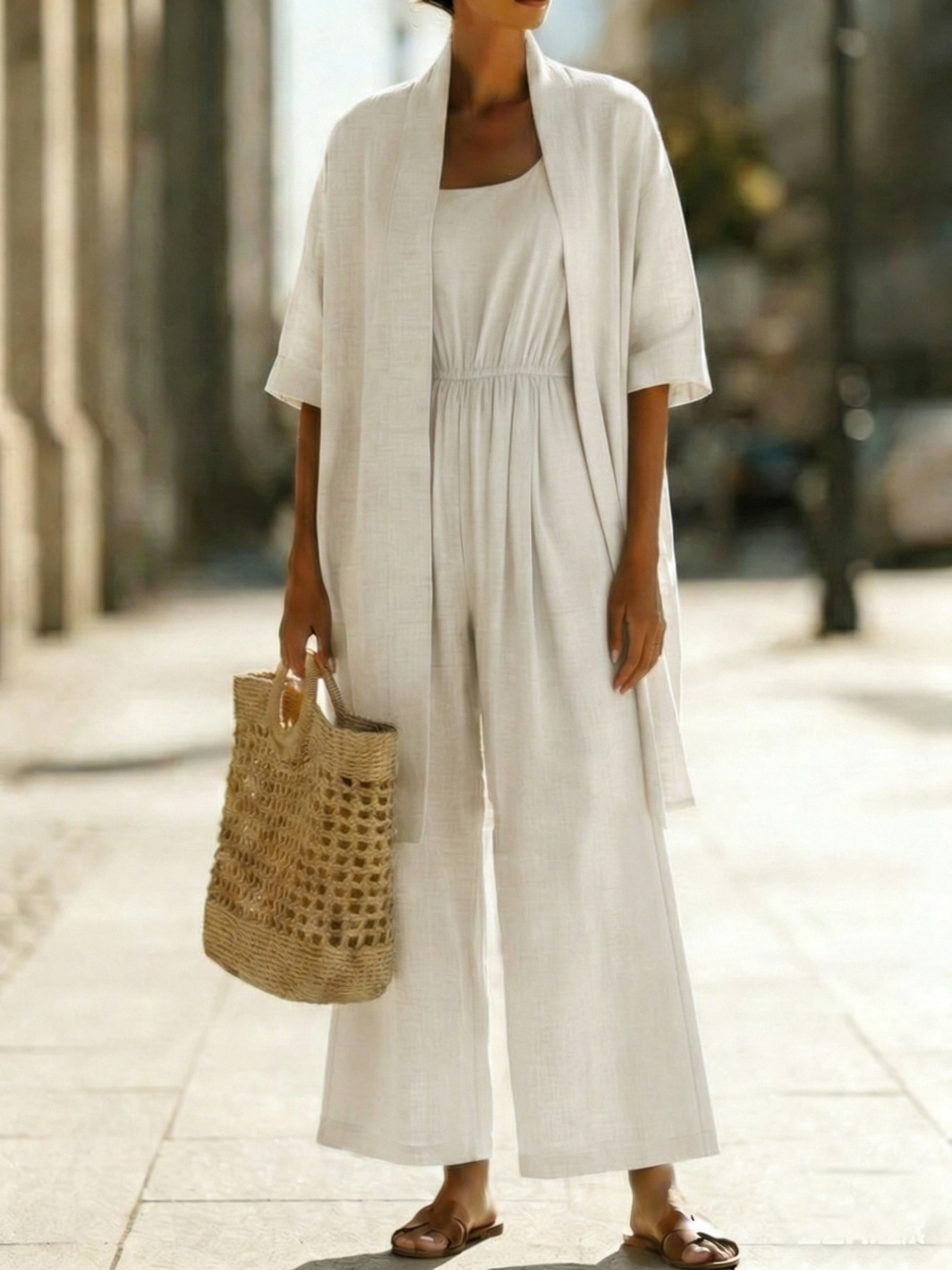 Minimalist Cozy Jumpsuit And Cardigan Linen Cotton Two-piece Set