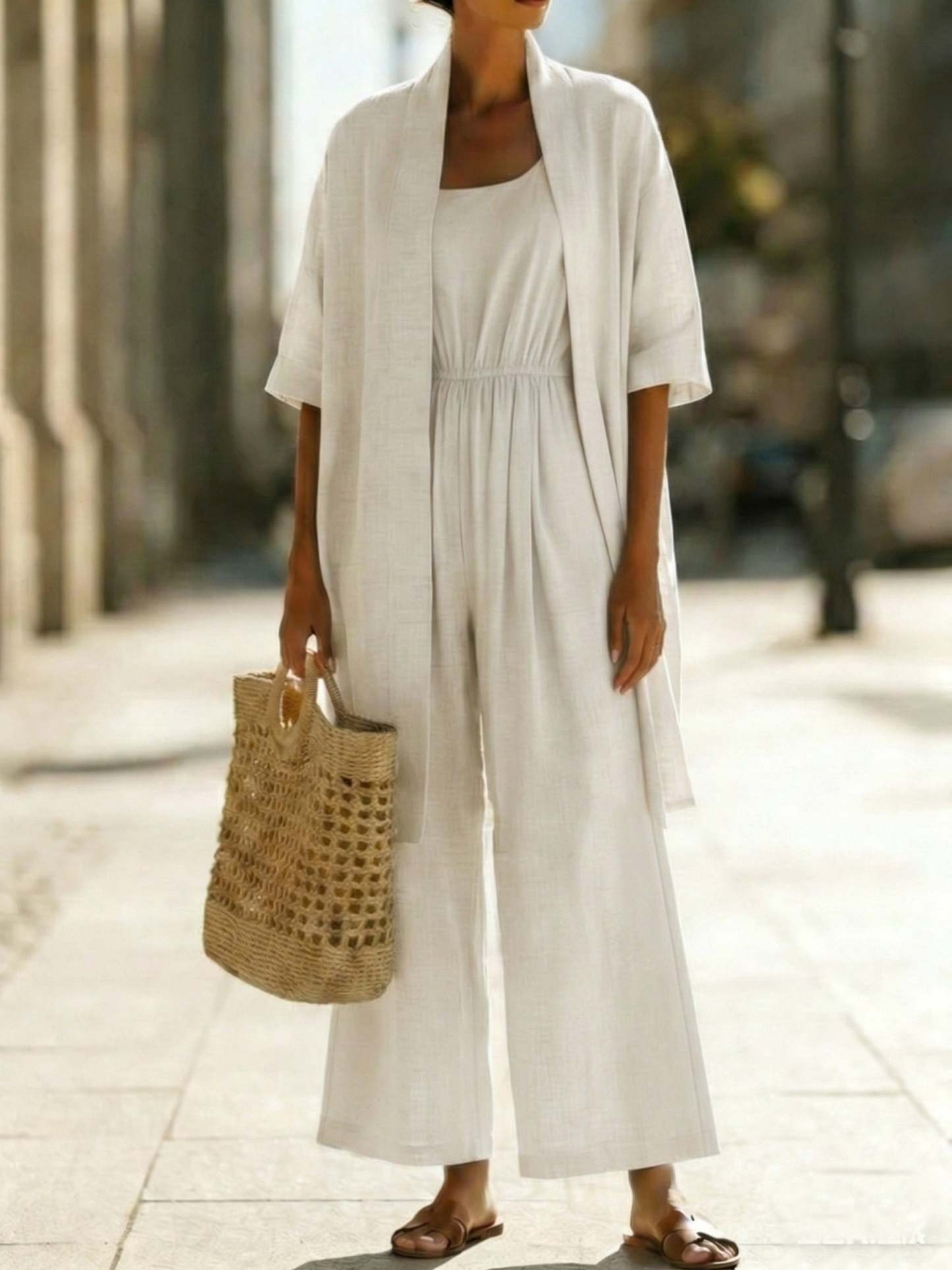 Minimalist Cozy Jumpsuit And Cardigan Linen Cotton Two-piece Set