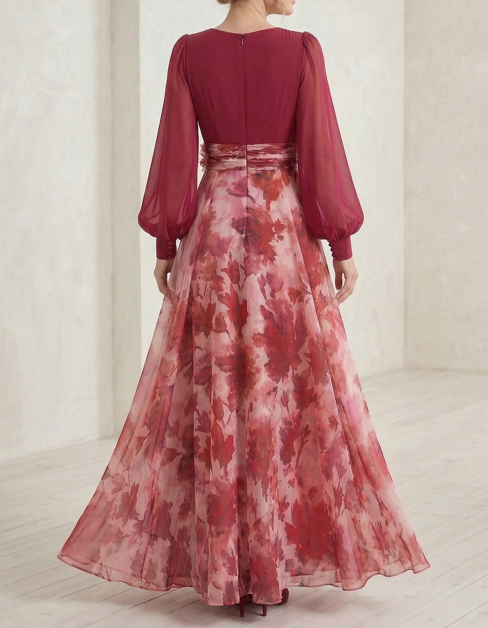 Rose Red Chiffon Printed V-Neck Fitted Waist Maxi Dress