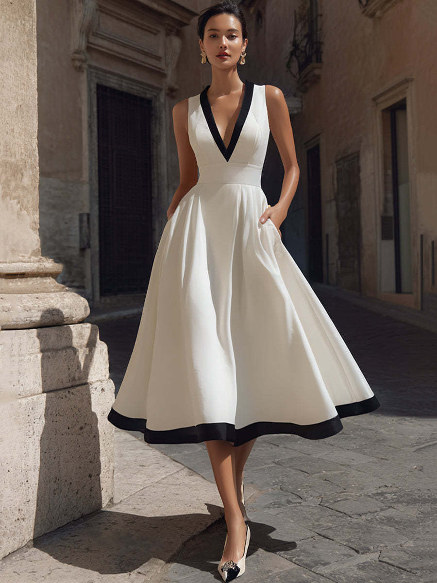 Elegant V-Neck A-Line Midi Dress With Contrast Trim And Pockets