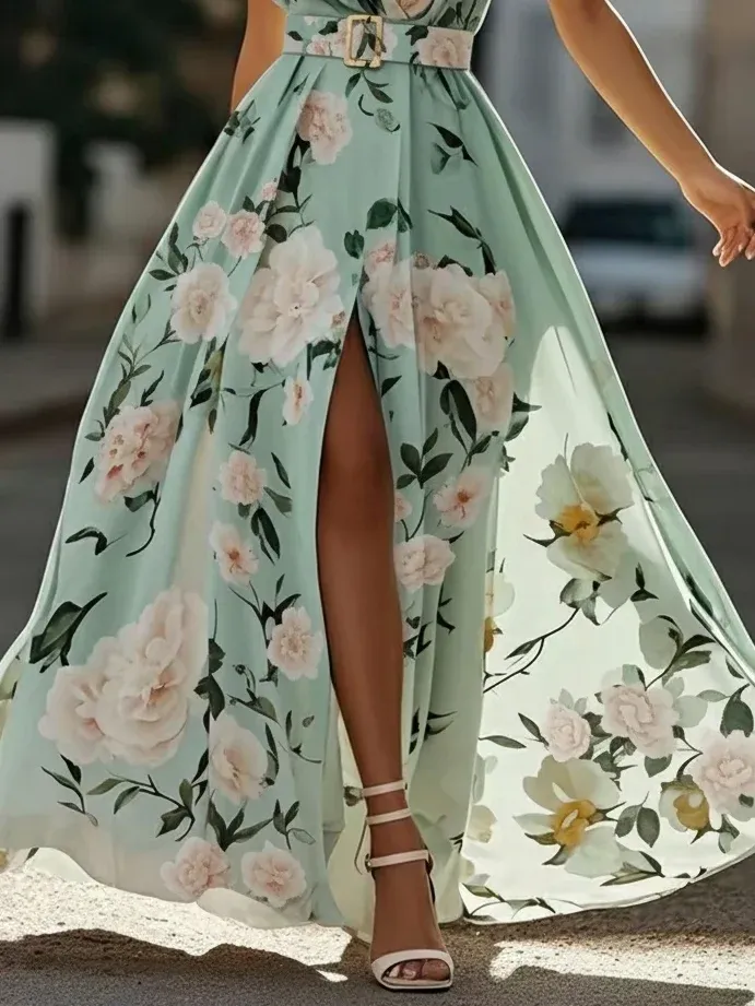 Light Green Floral Ruched One Shoulder A-Line Maxi Chiffon Dress