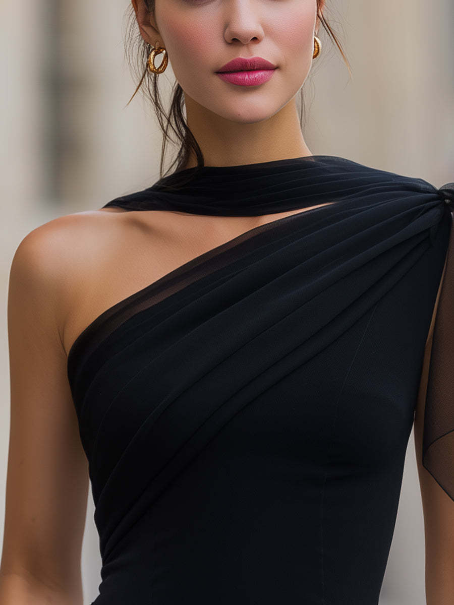 One-Shoulder Chiffon-Panel Draped Top Blouse