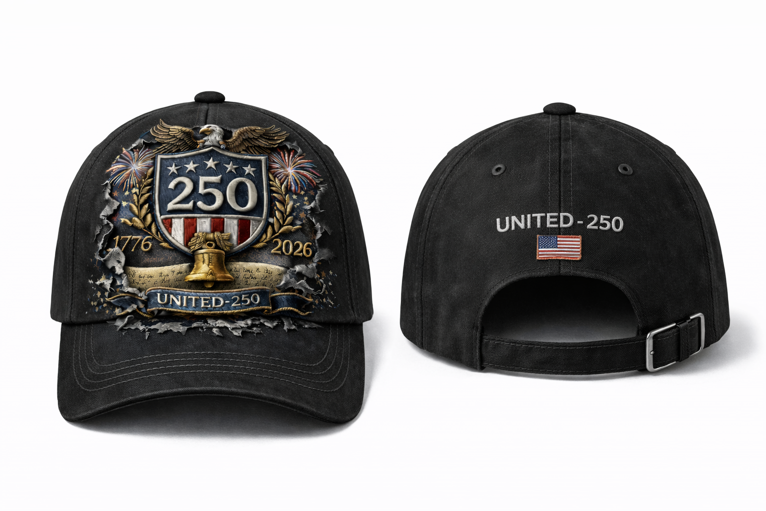 America 250th Anniversary Embroidered Baseball Cap – Patriotic Eagle & Shield Design (1776–2026)-pufftee