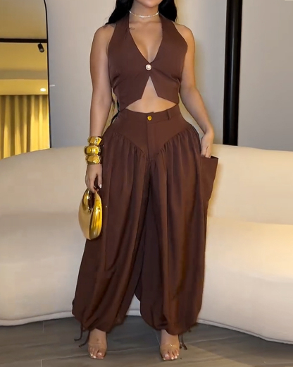 Sleeveless solid color casual two-piece set