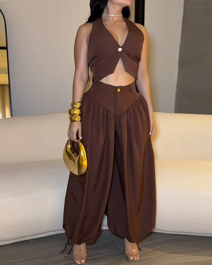 Sleeveless solid color casual two-piece set