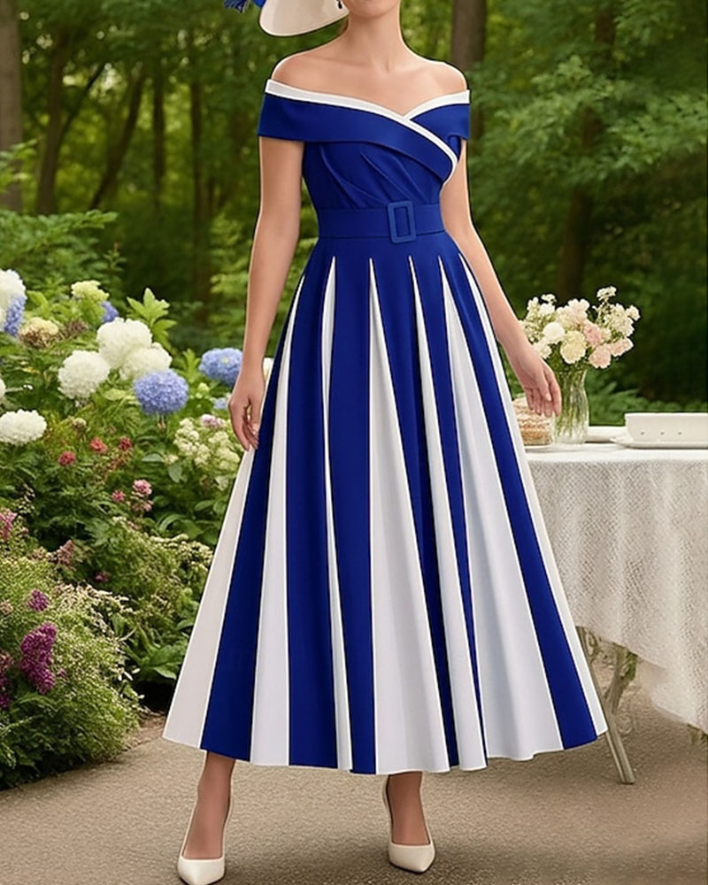 Elegant Color-Blocked Off-Shoulder Dress