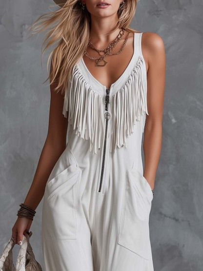Casual Retro Western V-Neck And Fringe White Faux Suede Jumpsuit